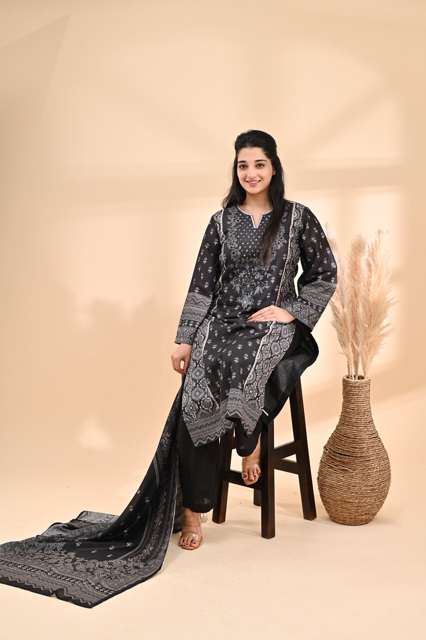 Charcoal black Muslin Readymade Set Sterling House