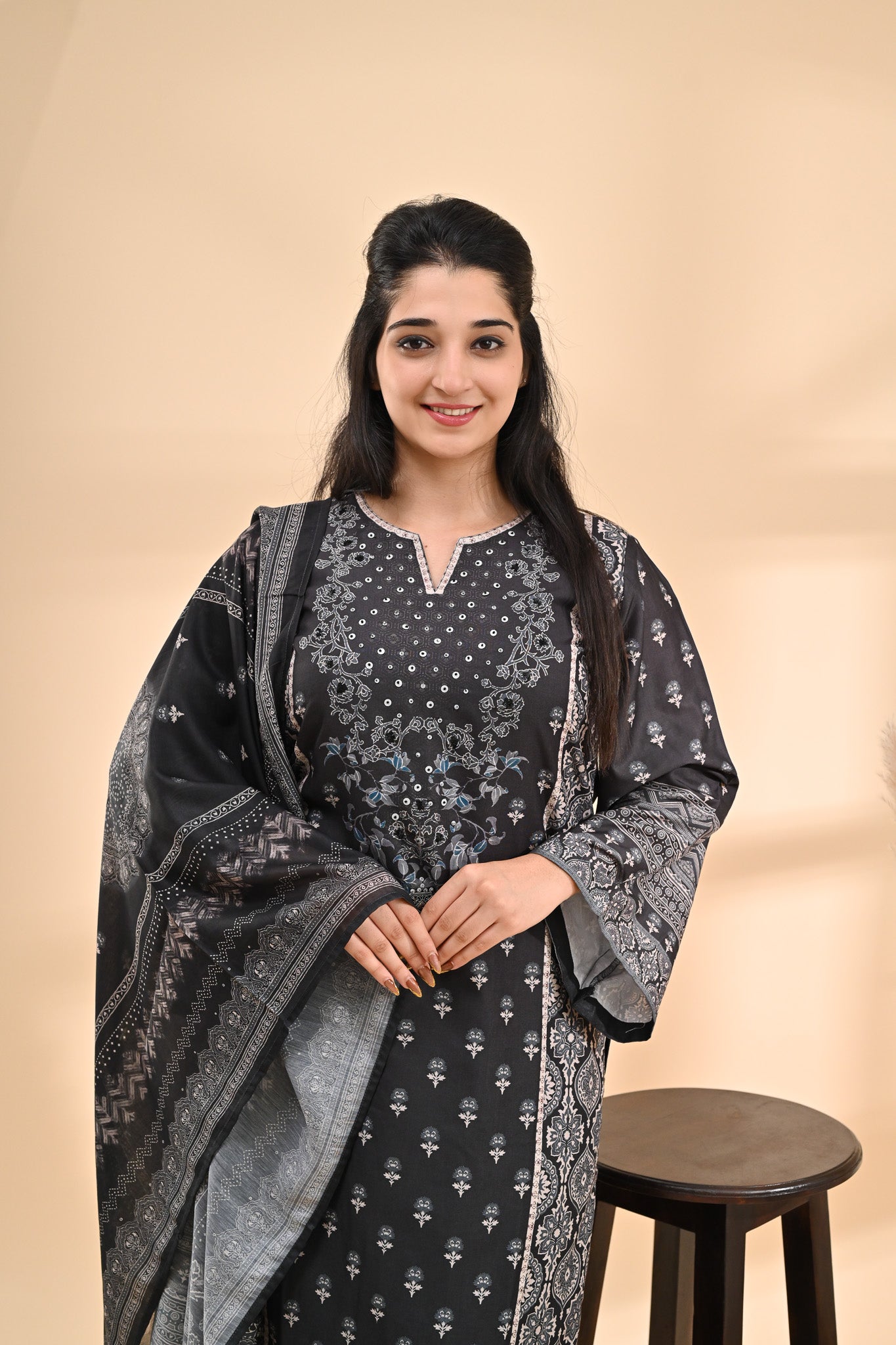 Charcoal black Muslin Readymade Set Sterling House