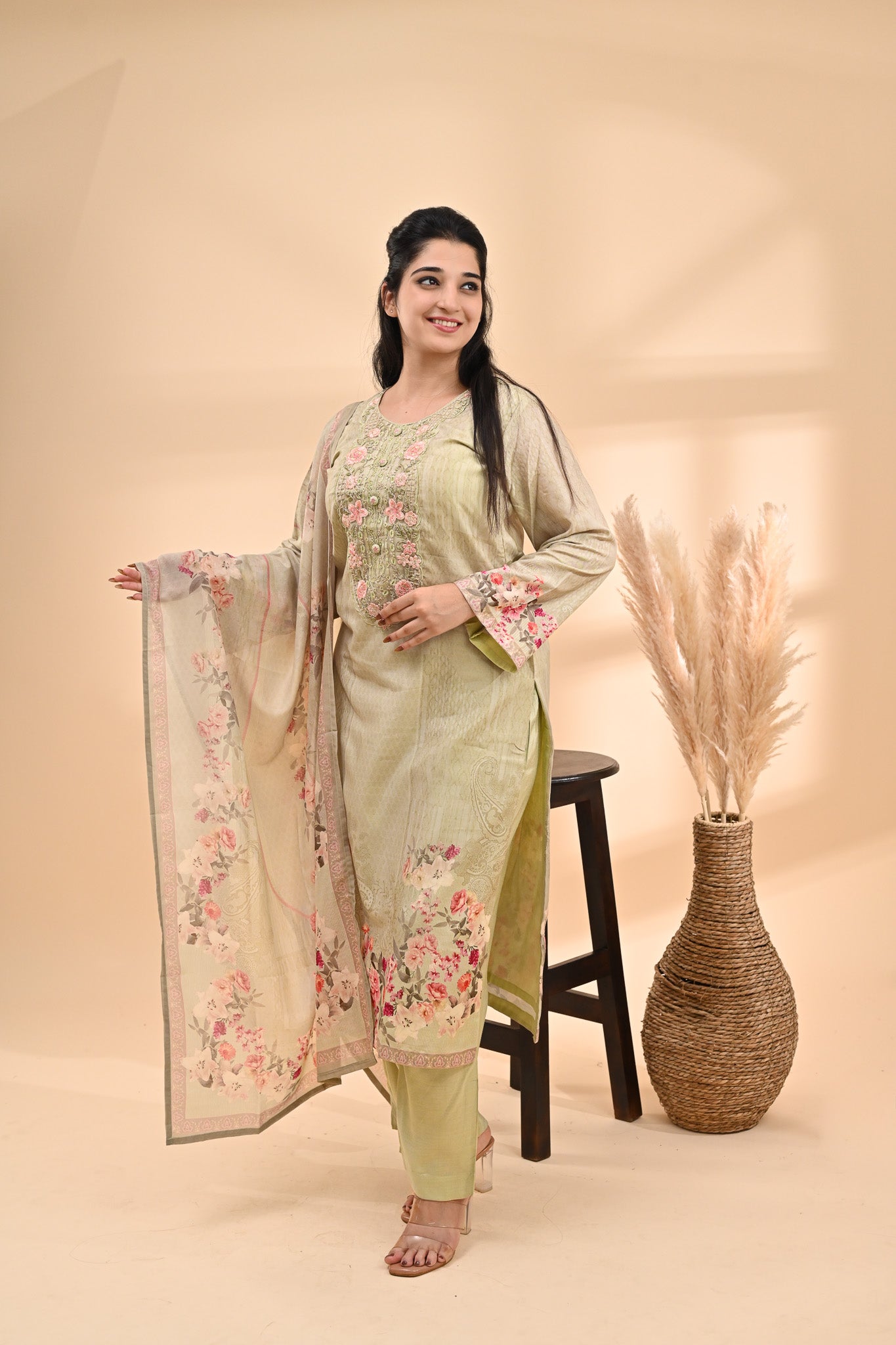 Sage-green Muslin Readymade Set Sterling House