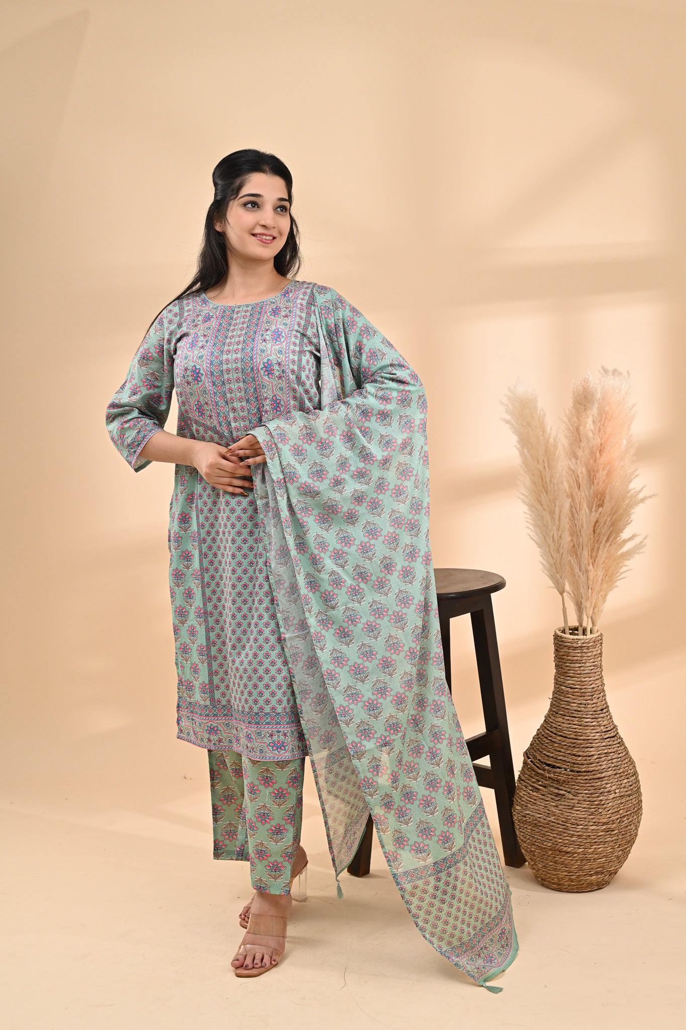 Sea-green Printed Cotton Readymade Set Sterling House