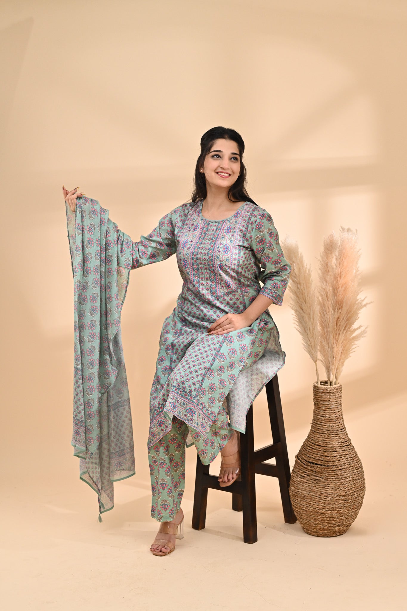 Sea-green Printed Cotton Readymade Set Sterling House