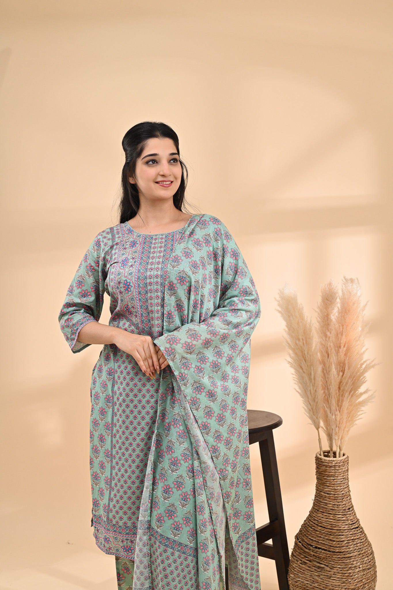 Sea-green Printed Cotton Readymade Set Sterling House