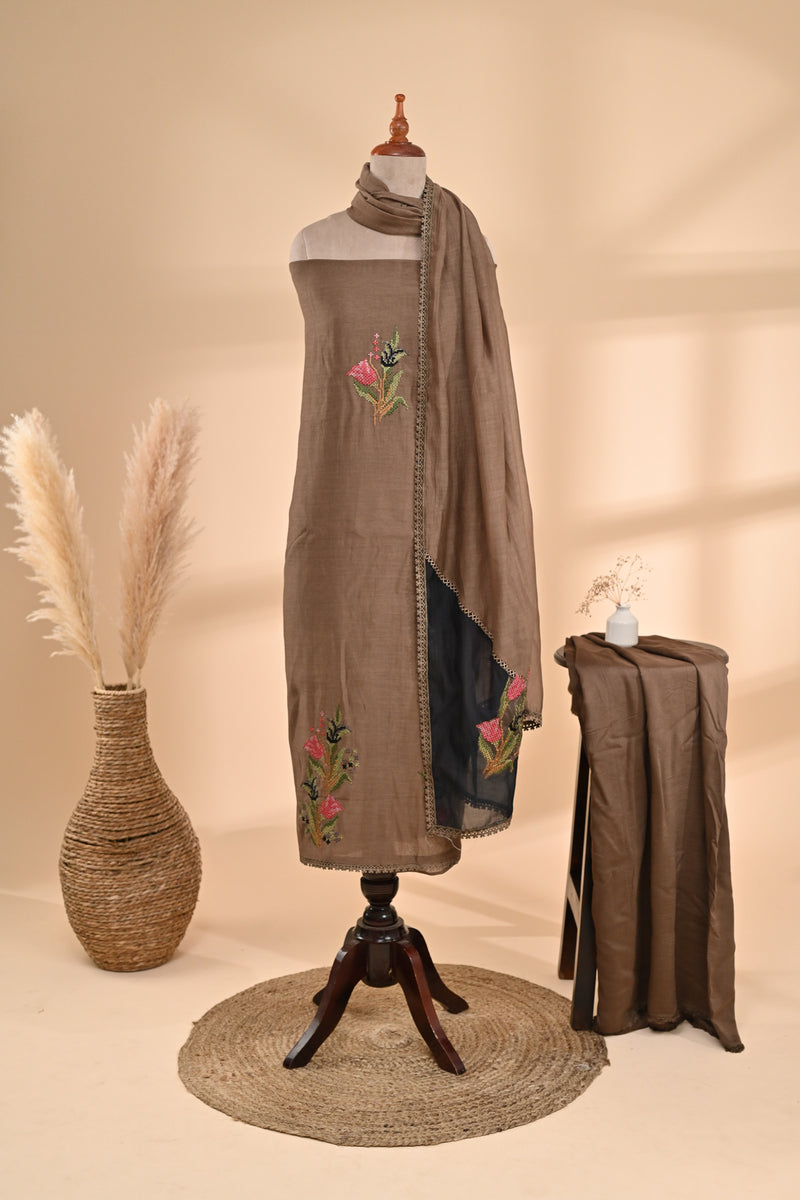 Taupe Brown Cotton Unstitched Suit Set Sterling House