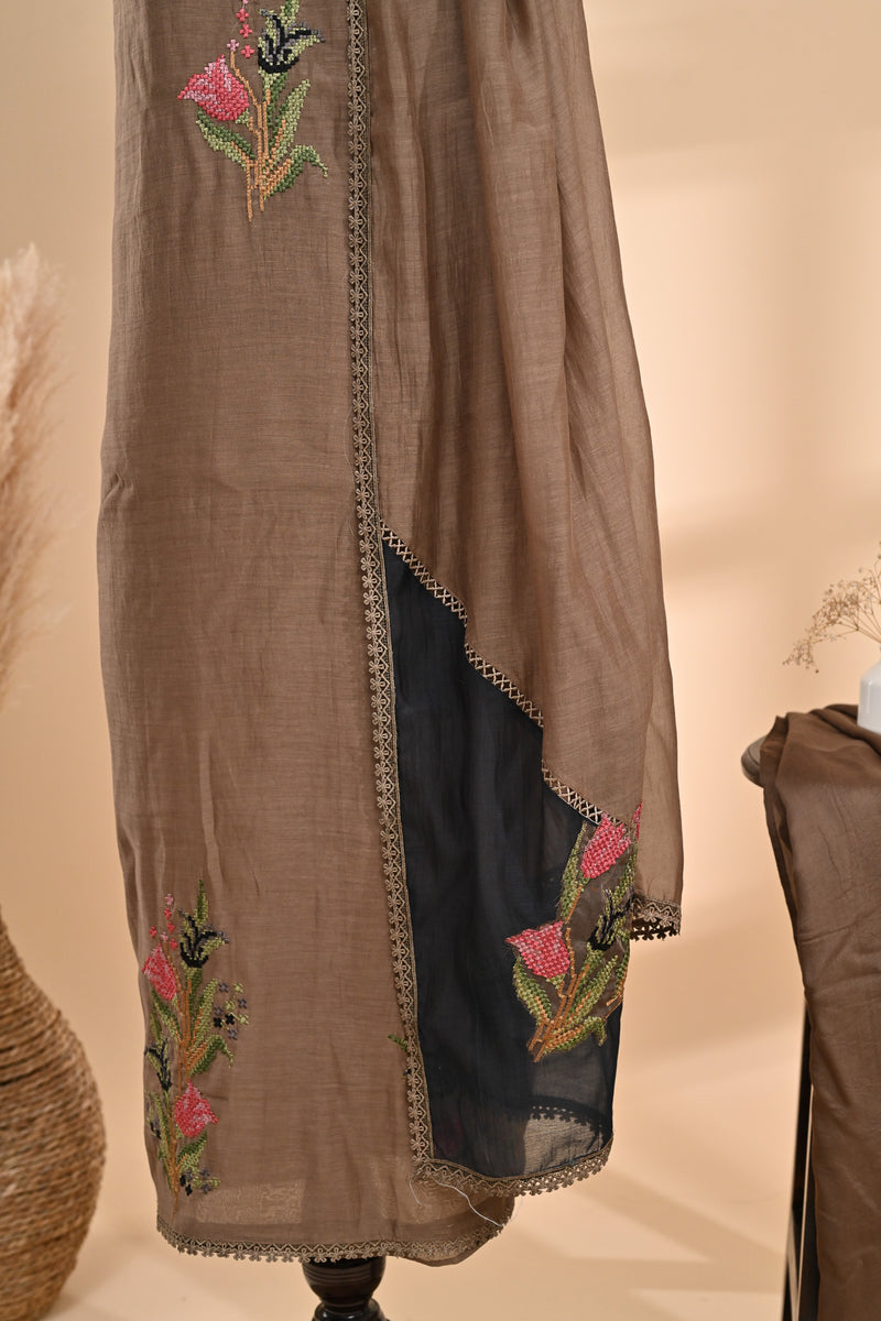 Taupe Brown Cotton Unstitched Suit Set Sterling House