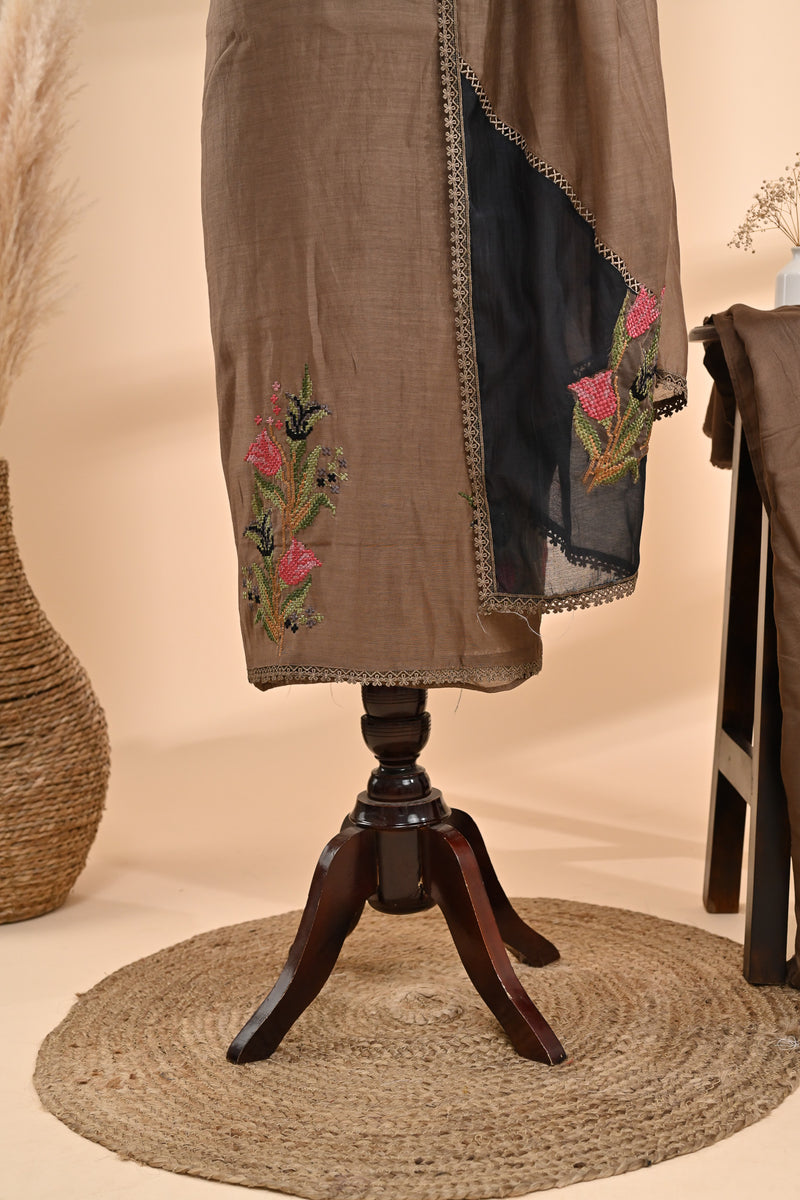 Taupe Brown Cotton Unstitched Suit Set Sterling House