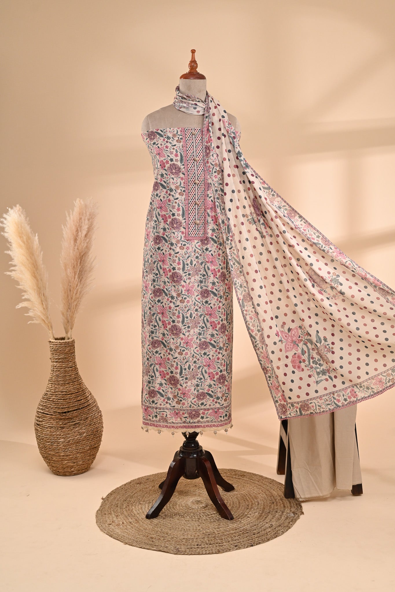 Cream Printed Cotton Unstitched Suit Sterling House