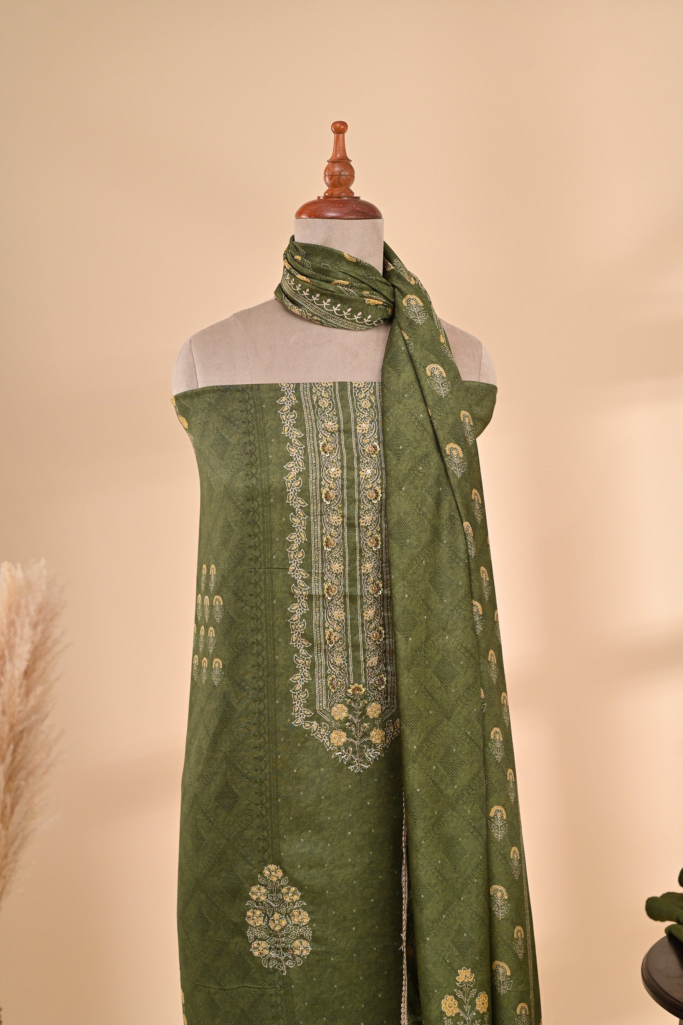 Olive Green Muslin Unstitched Suit Sterling House