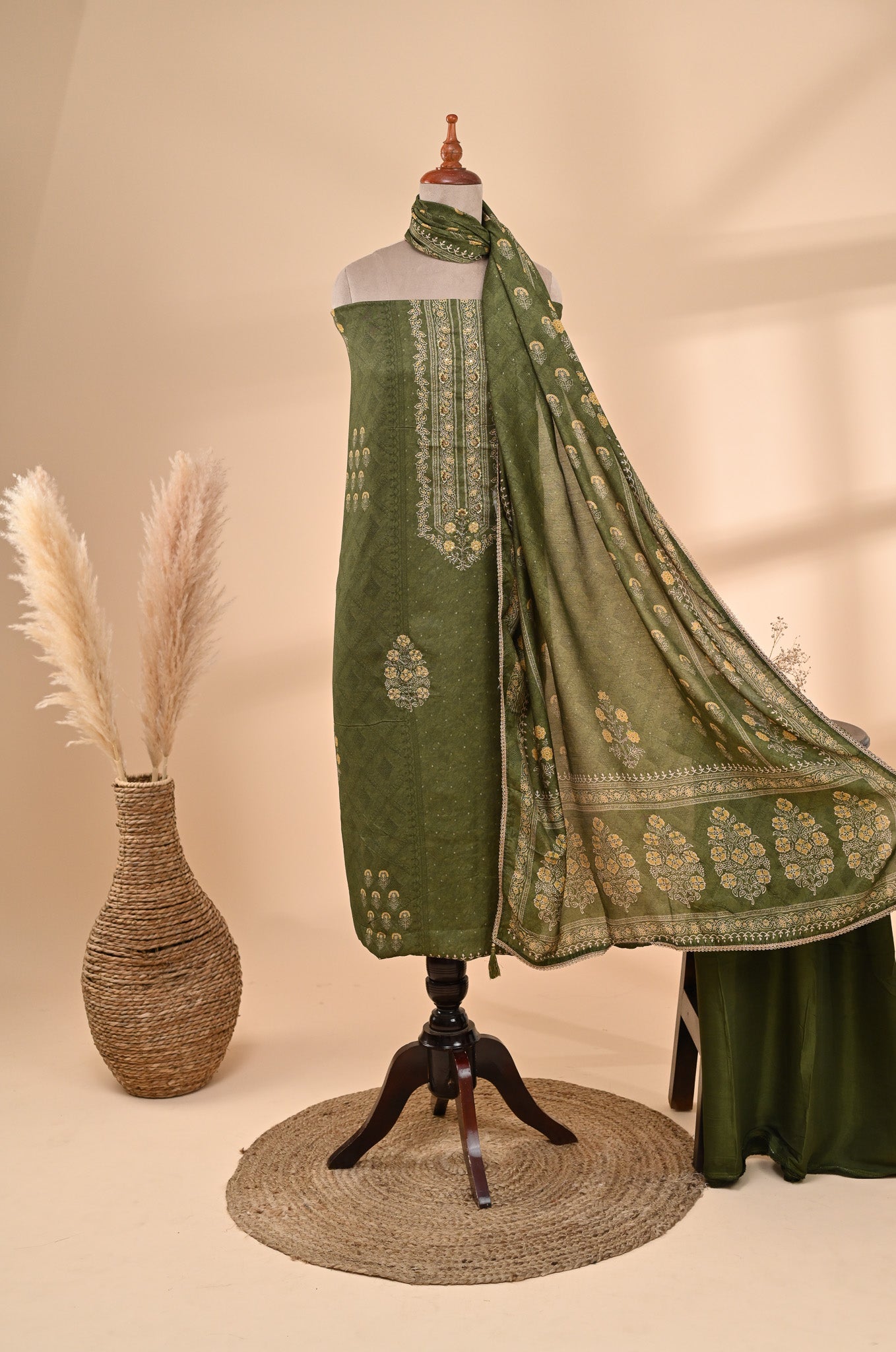 Olive Green Muslin Unstitched Suit Sterling House