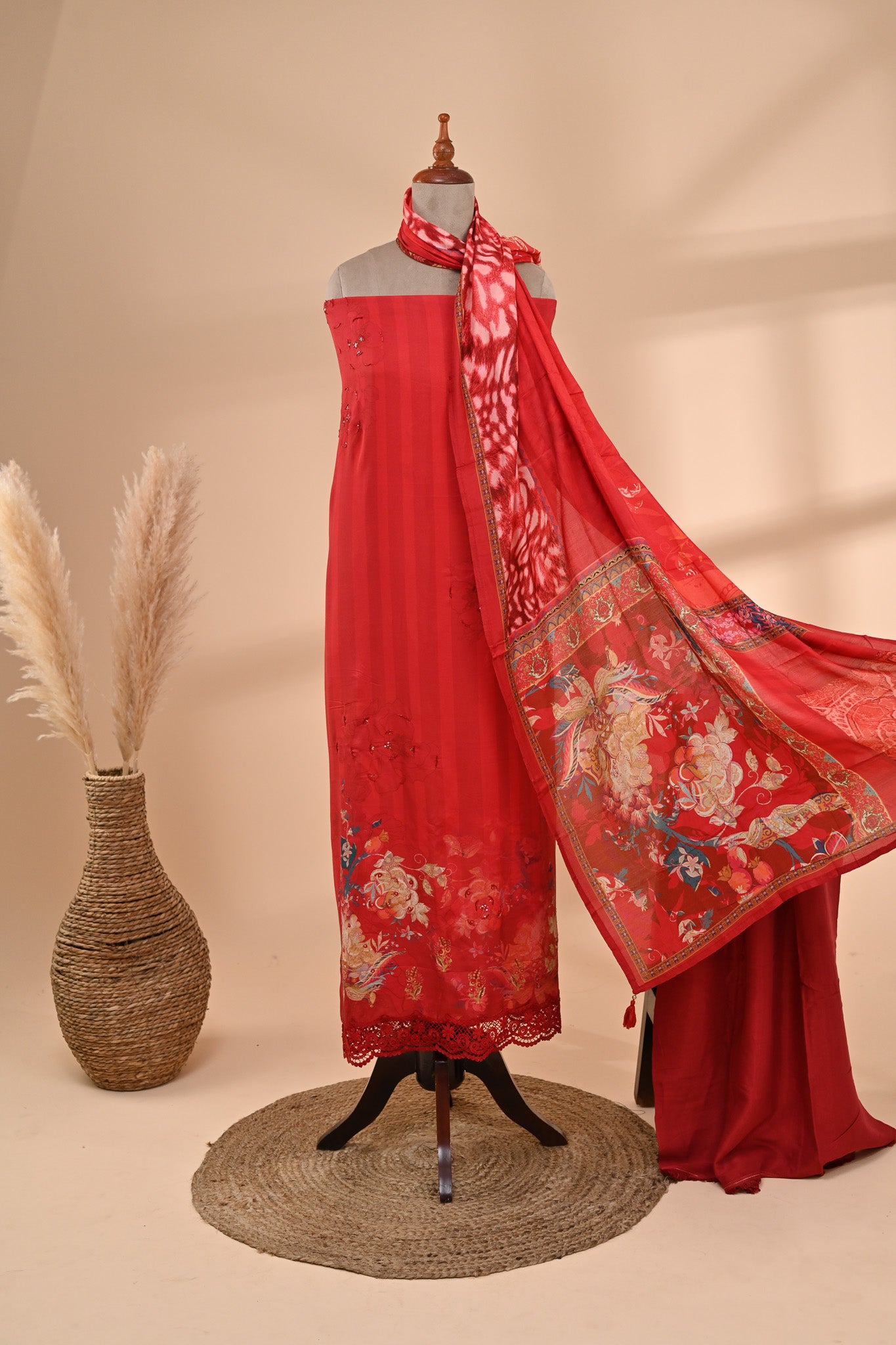 Vibrant Red Muslin Unstitched Suit Sterling House