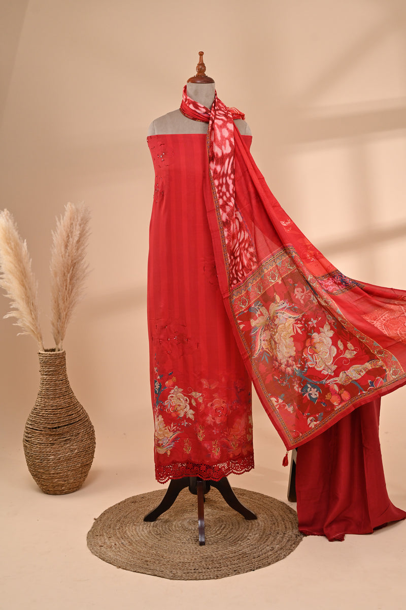Vibrant Red Muslin Unstitched Suit Sterling House