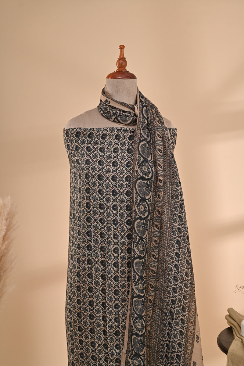 Beige with Charcoal Muslin Unstitched Suit Sterling House