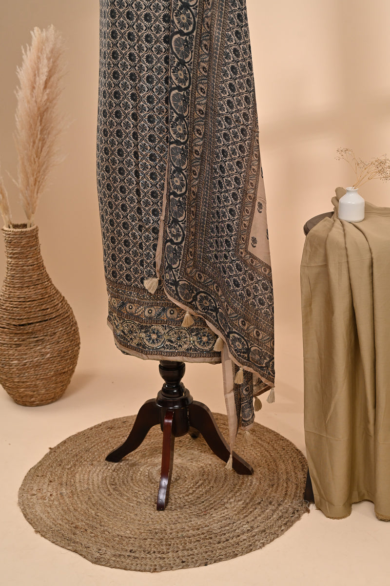 Beige with Charcoal Muslin Unstitched Suit Sterling House