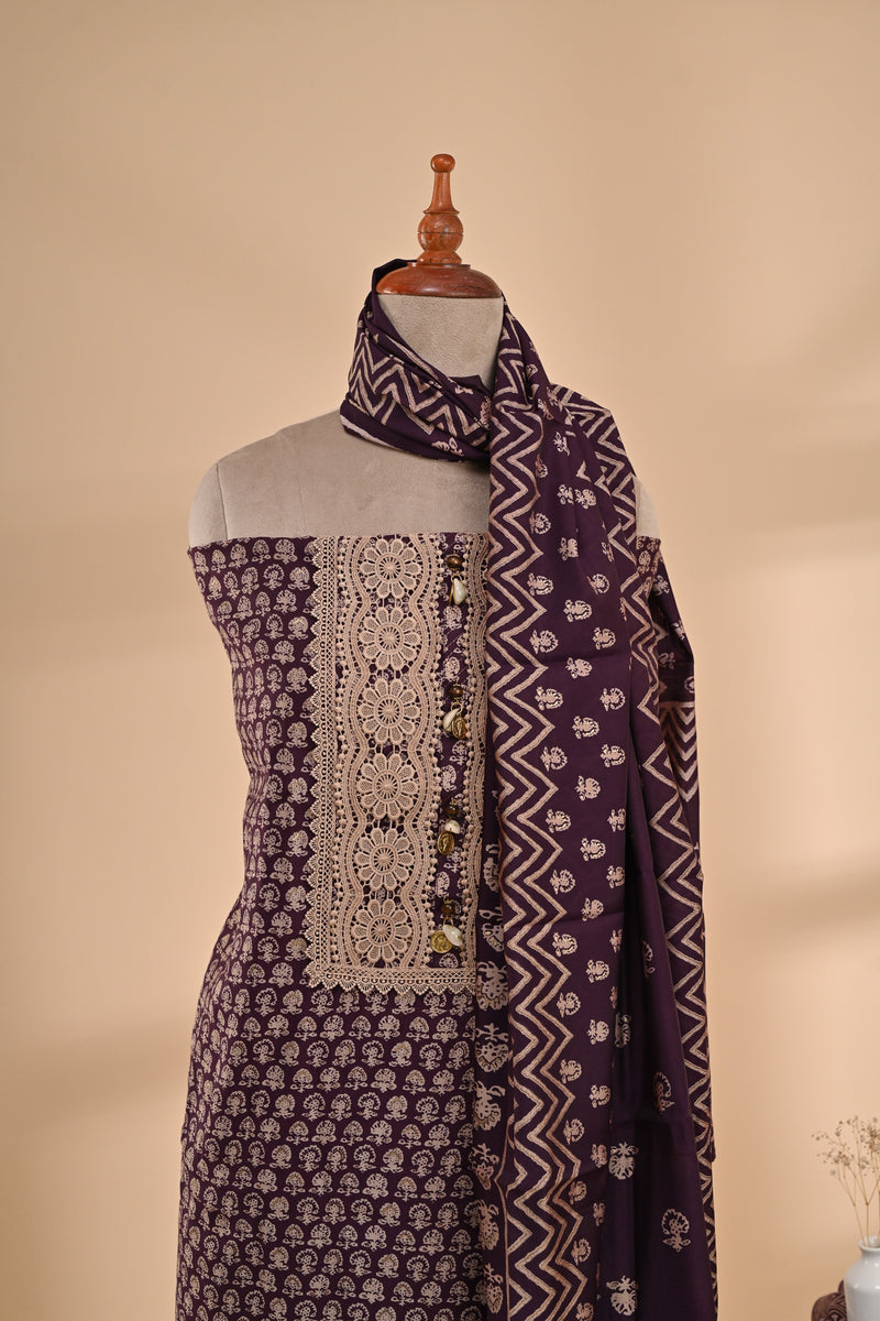 Deep Plum Cotton Unstitched Suit Sterling House