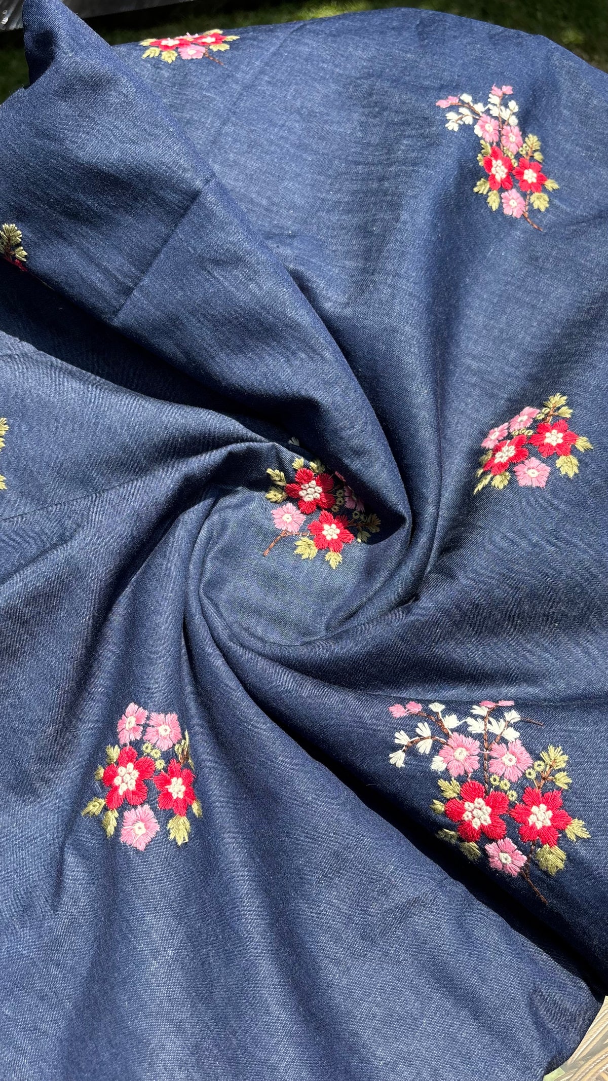 Blue Embroidered Floral Denim Fabric