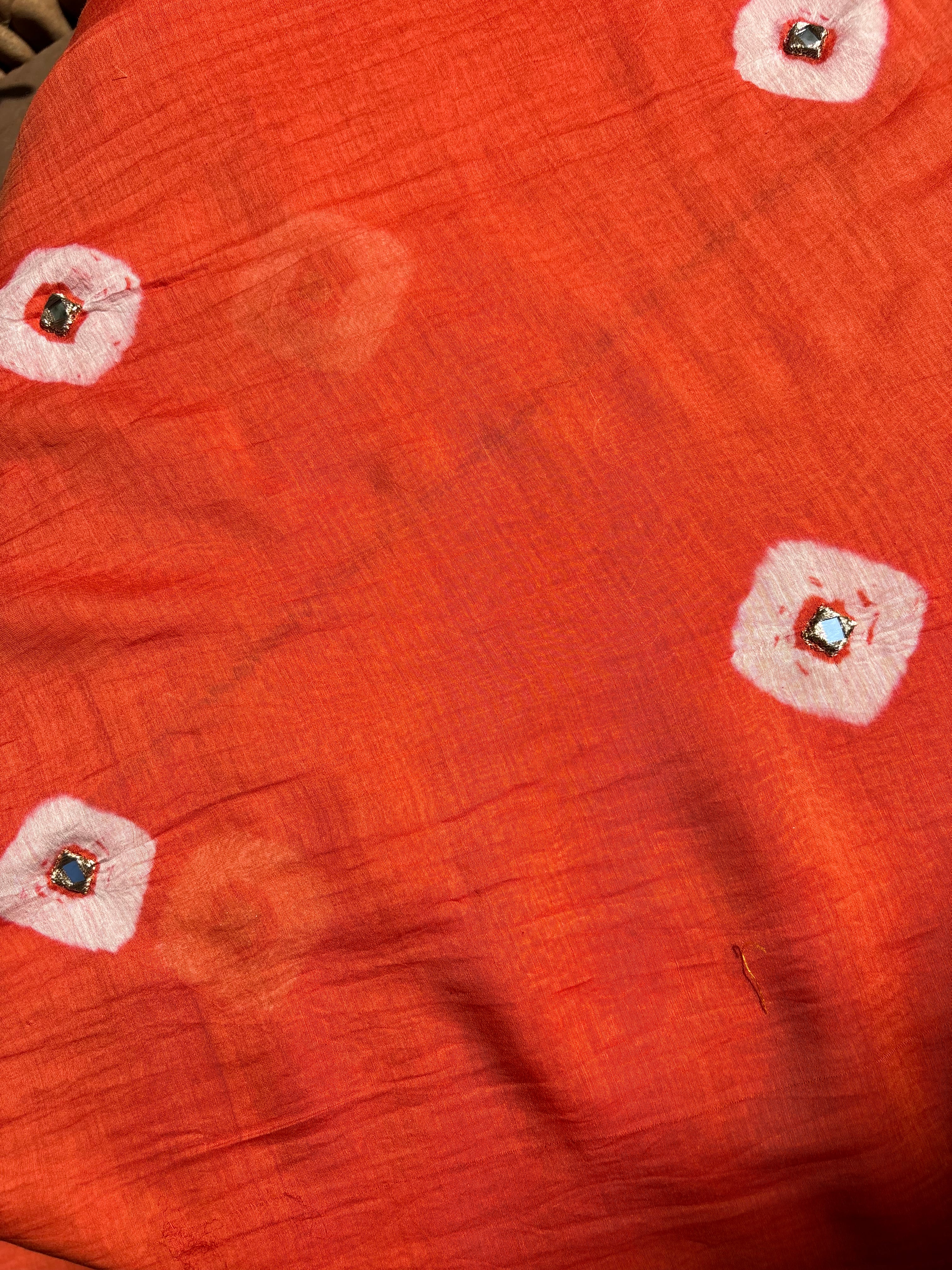 Afreen Orange Bandhani with Mirror work Cotton Fabric
