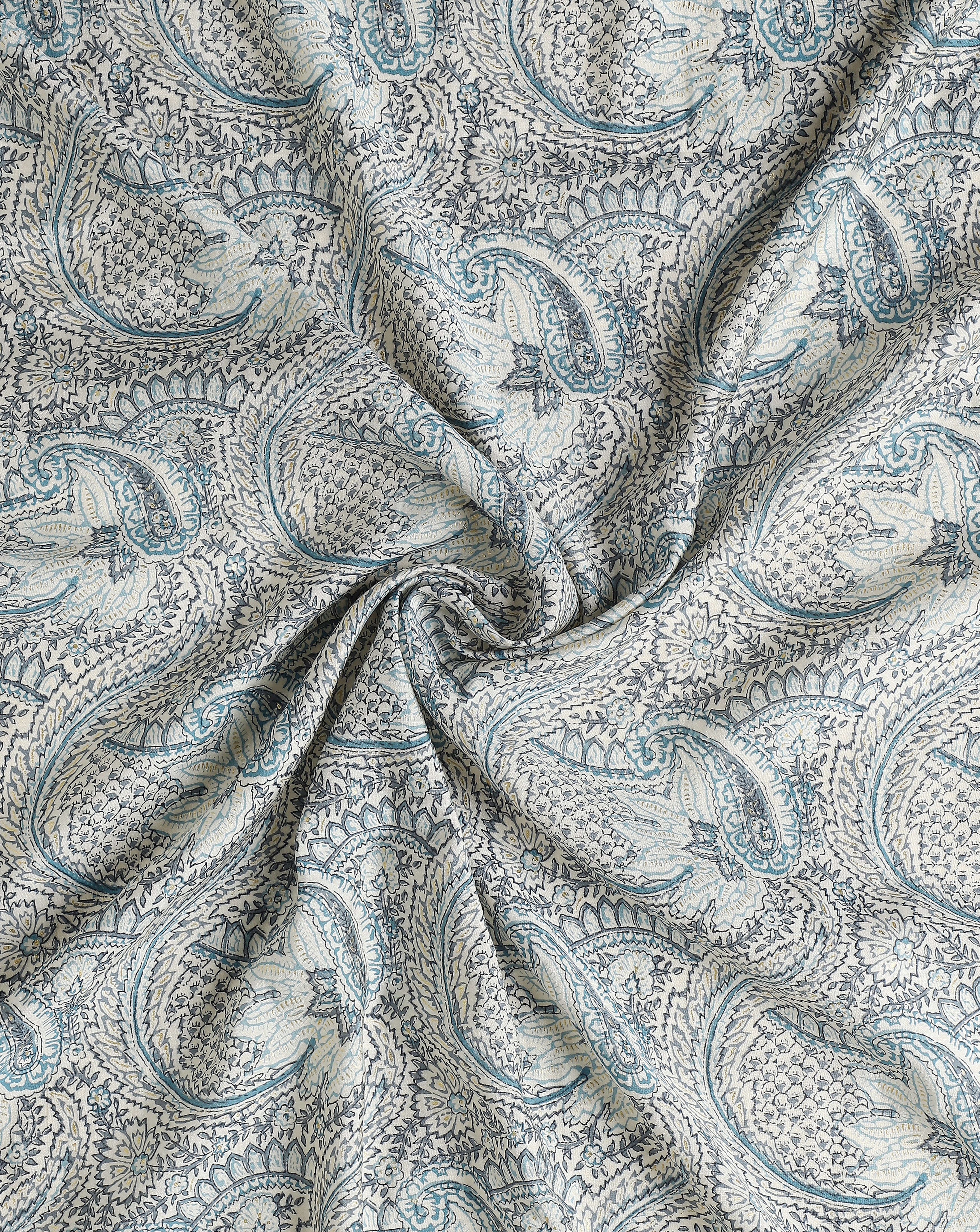 Roze off white with blue Paisley With Gold Foil Muslin Fabric