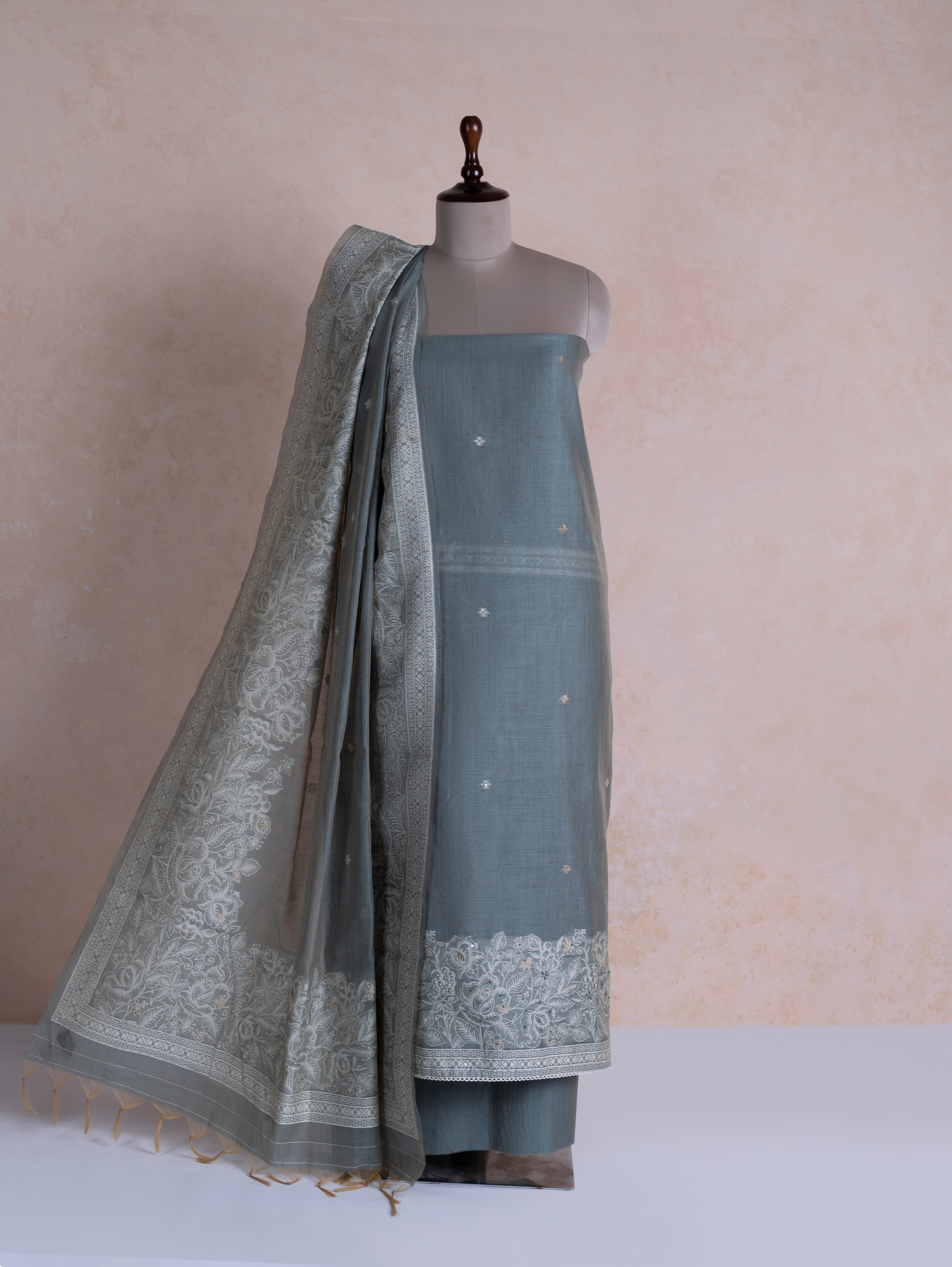 Linen Blue Cotton Blend Suit Set