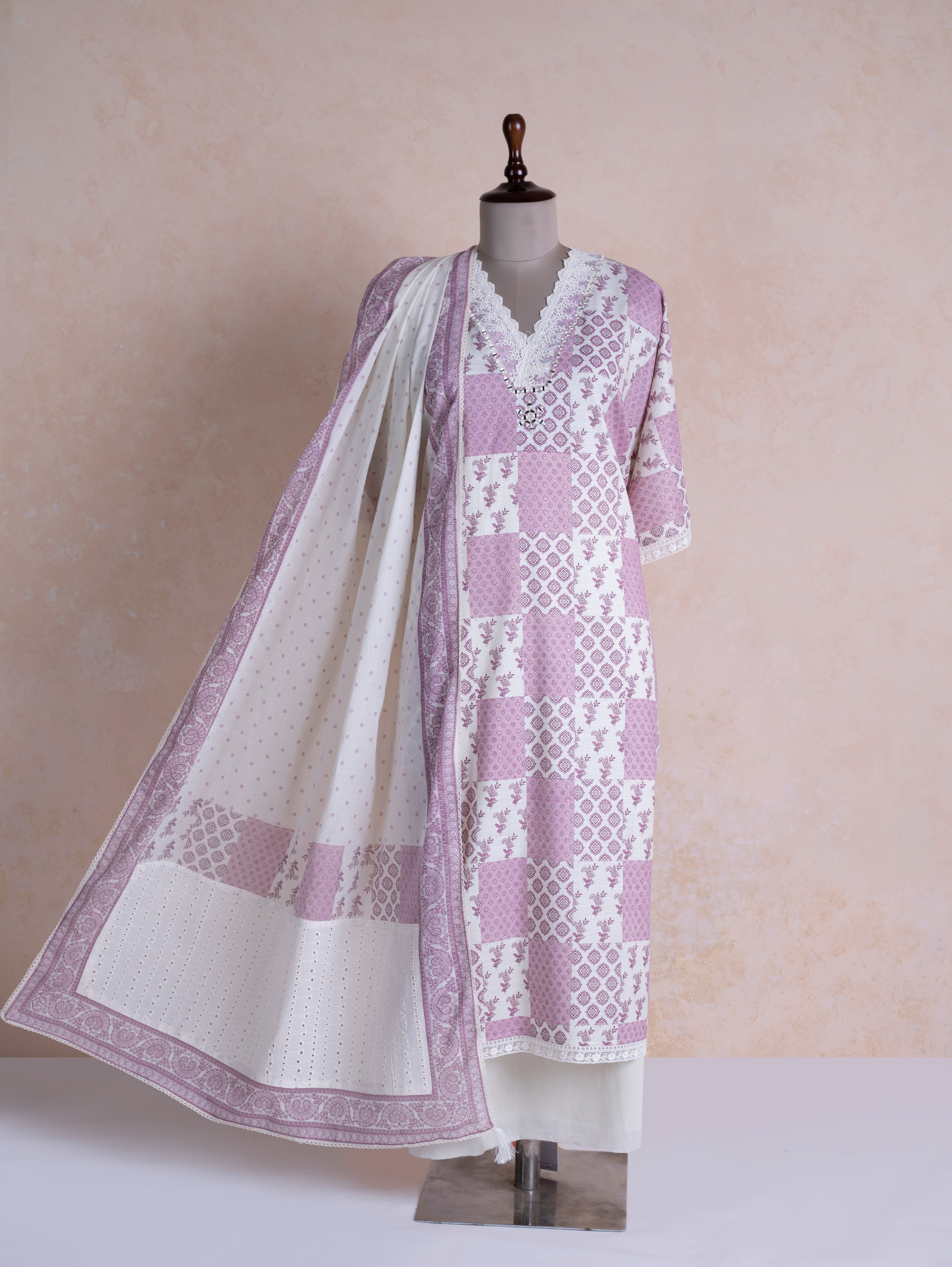Afreen White with Mauve Soft Cotton Suit Set