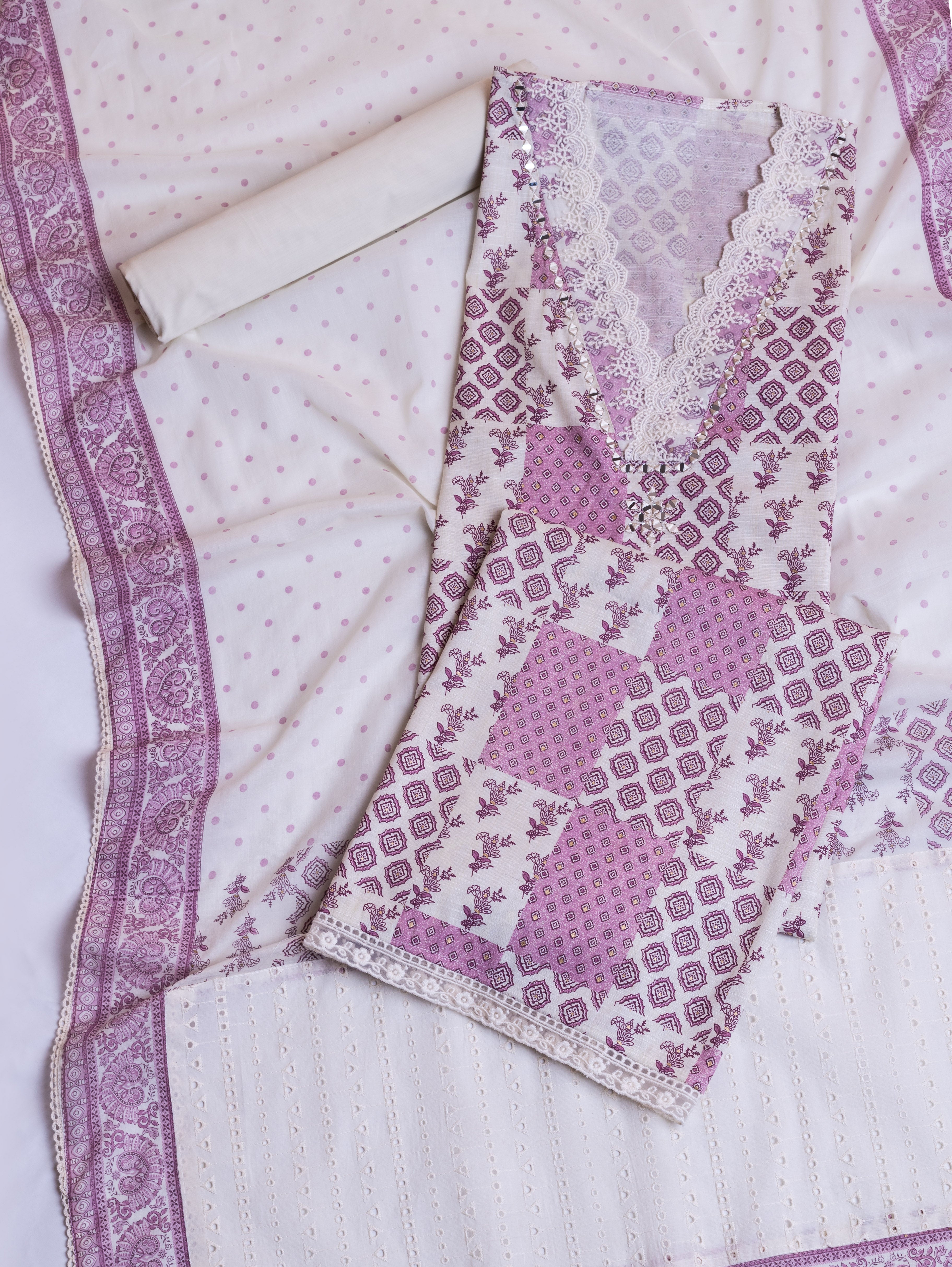Afreen White with Mauve Soft Cotton Suit Set