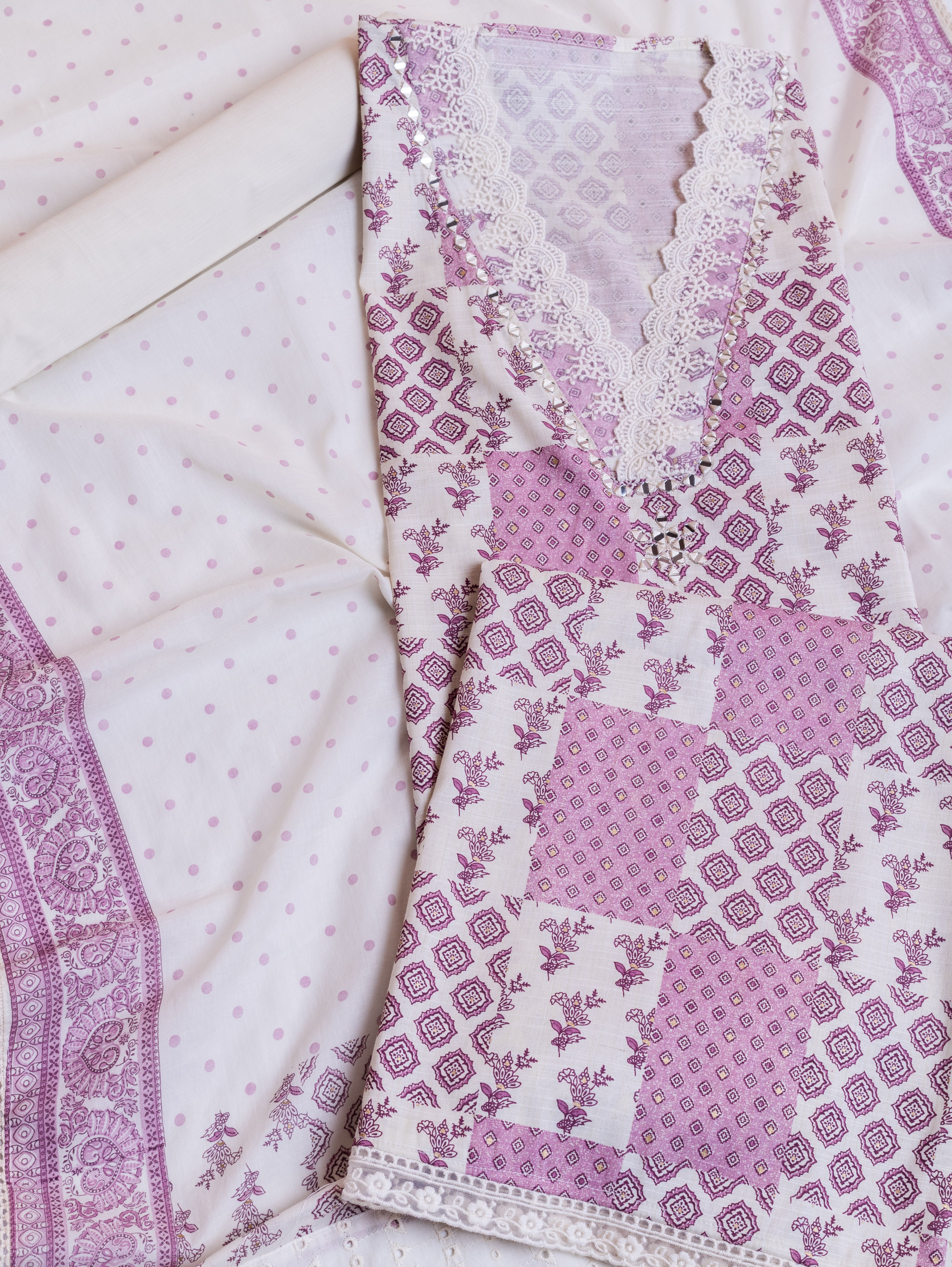 Afreen White with Mauve Soft Cotton Suit Set