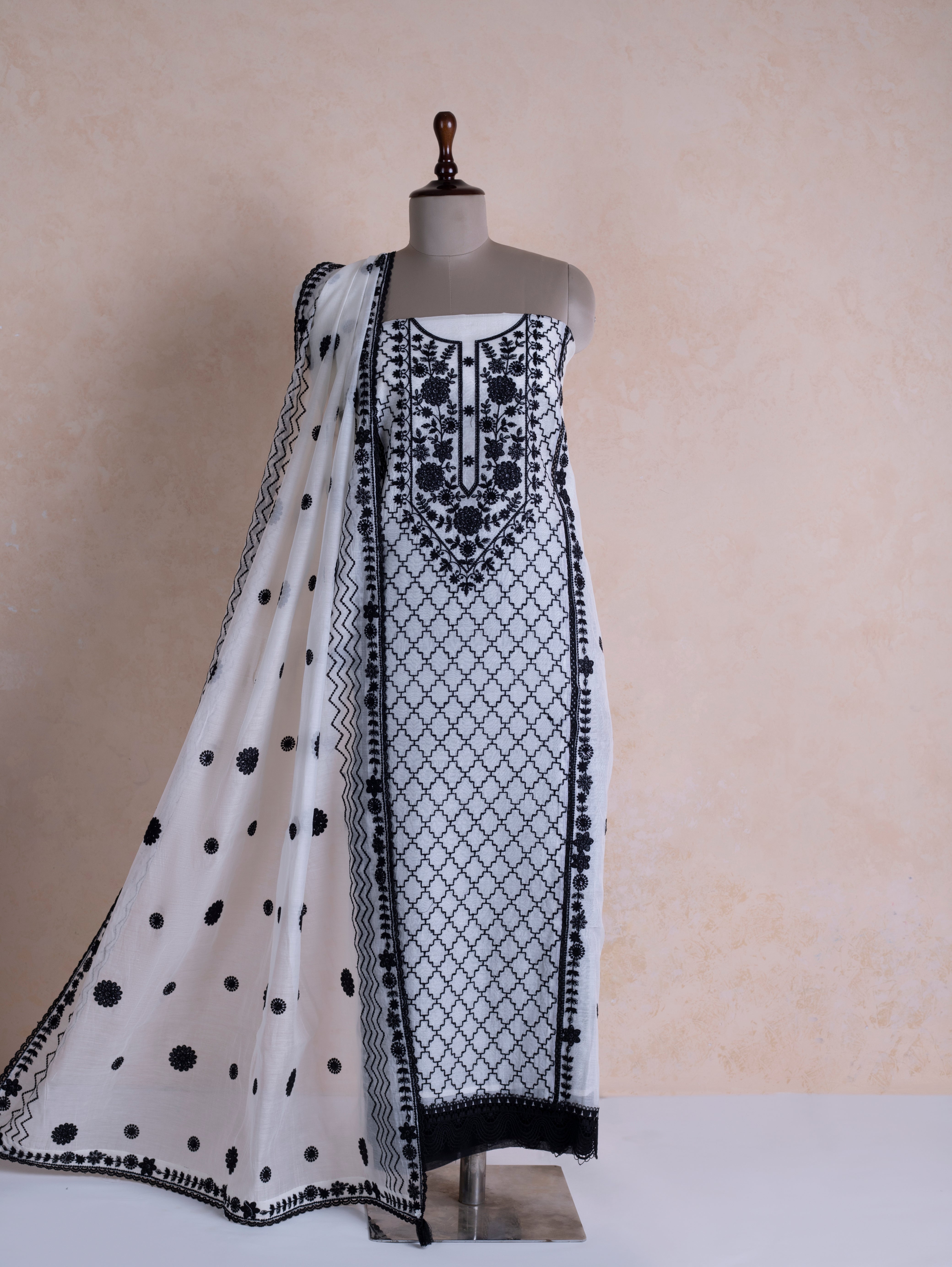 Afreen Black & White Chanderi Silk Suit Set
