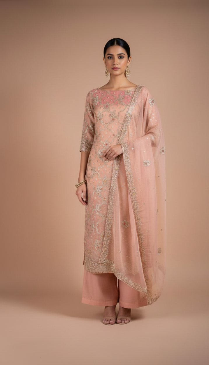 Luxe Pink Crush Shimmer Organza Unstitched Suit Set Sterling House