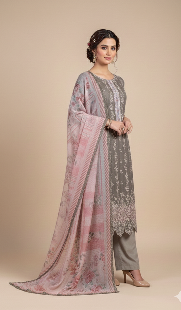 Linen Cotton Pink Embroidery Unstitched Suit Set