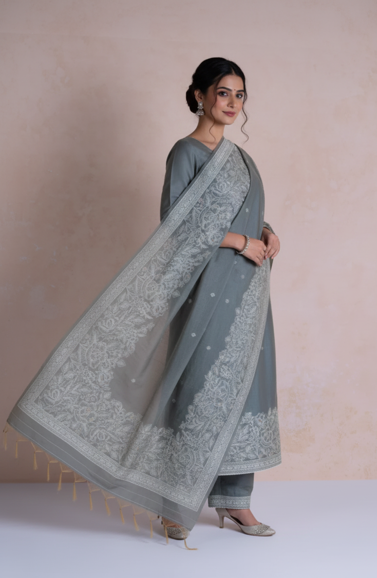 Linen Blue Cotton Blend Suit Set