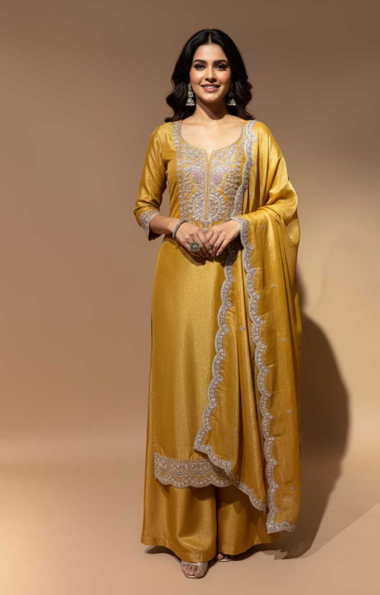 Luxe Yellow Shimmer Silk Suit Set