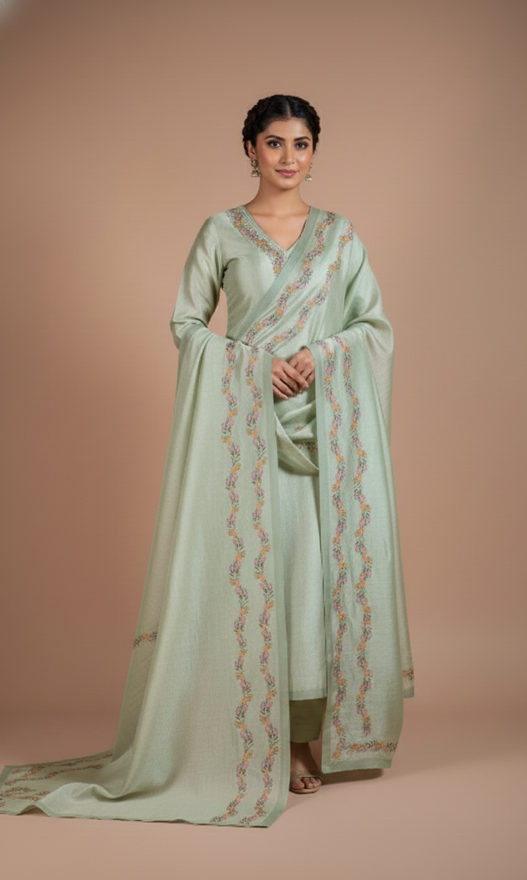 Luxe Pista Green Chanderi Silk Blend Unstitched Suit Set Sterling House