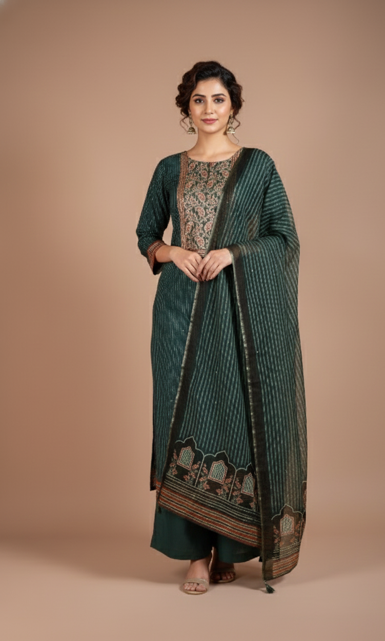 Roze Navy Blue Chanderi Silk Blend Unstitched Suit Set Sterling House