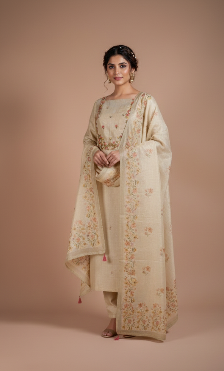Afreen Ivory Kota Shimmer Blend Unstitched Suit Set Sterling House