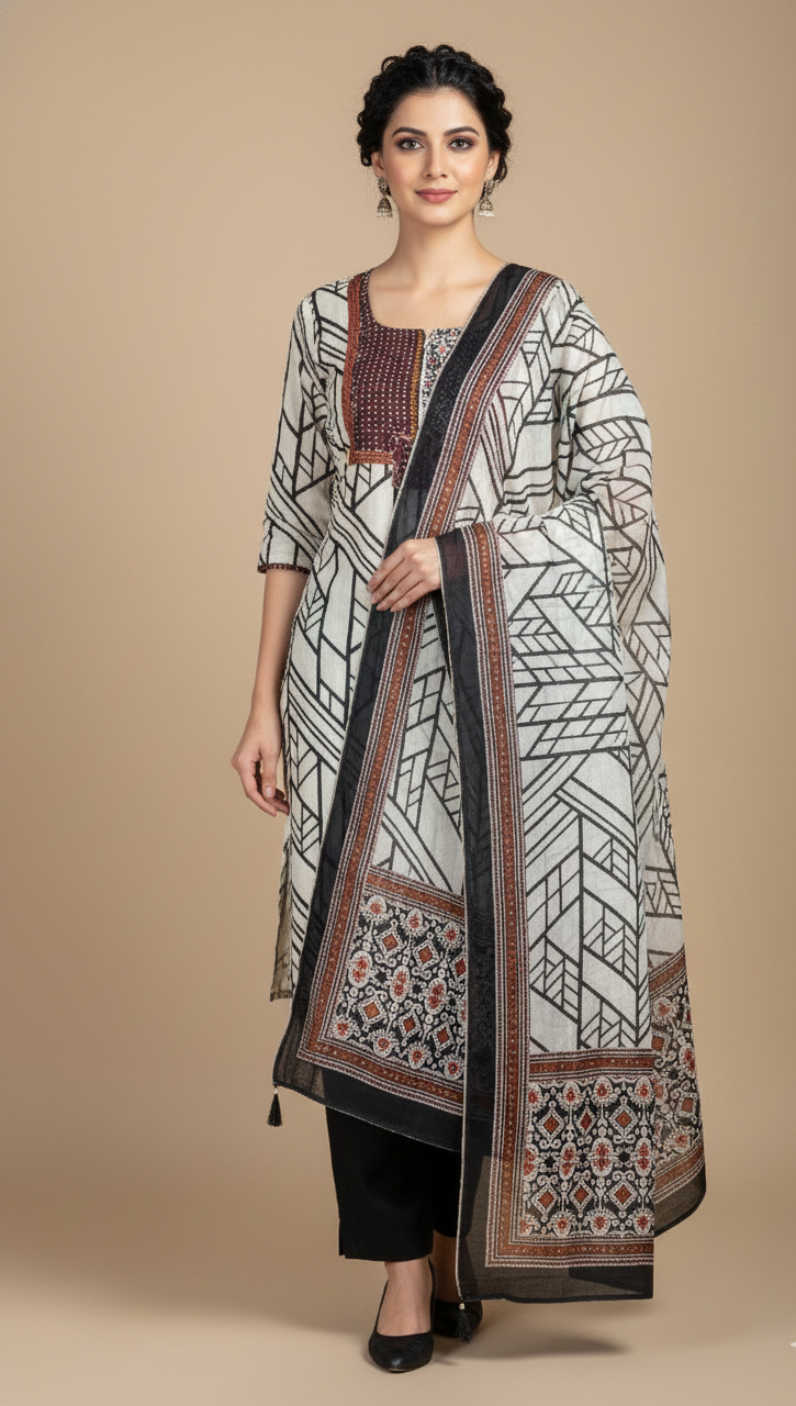 Roze Black & White Muslin Unstitched Suit Set