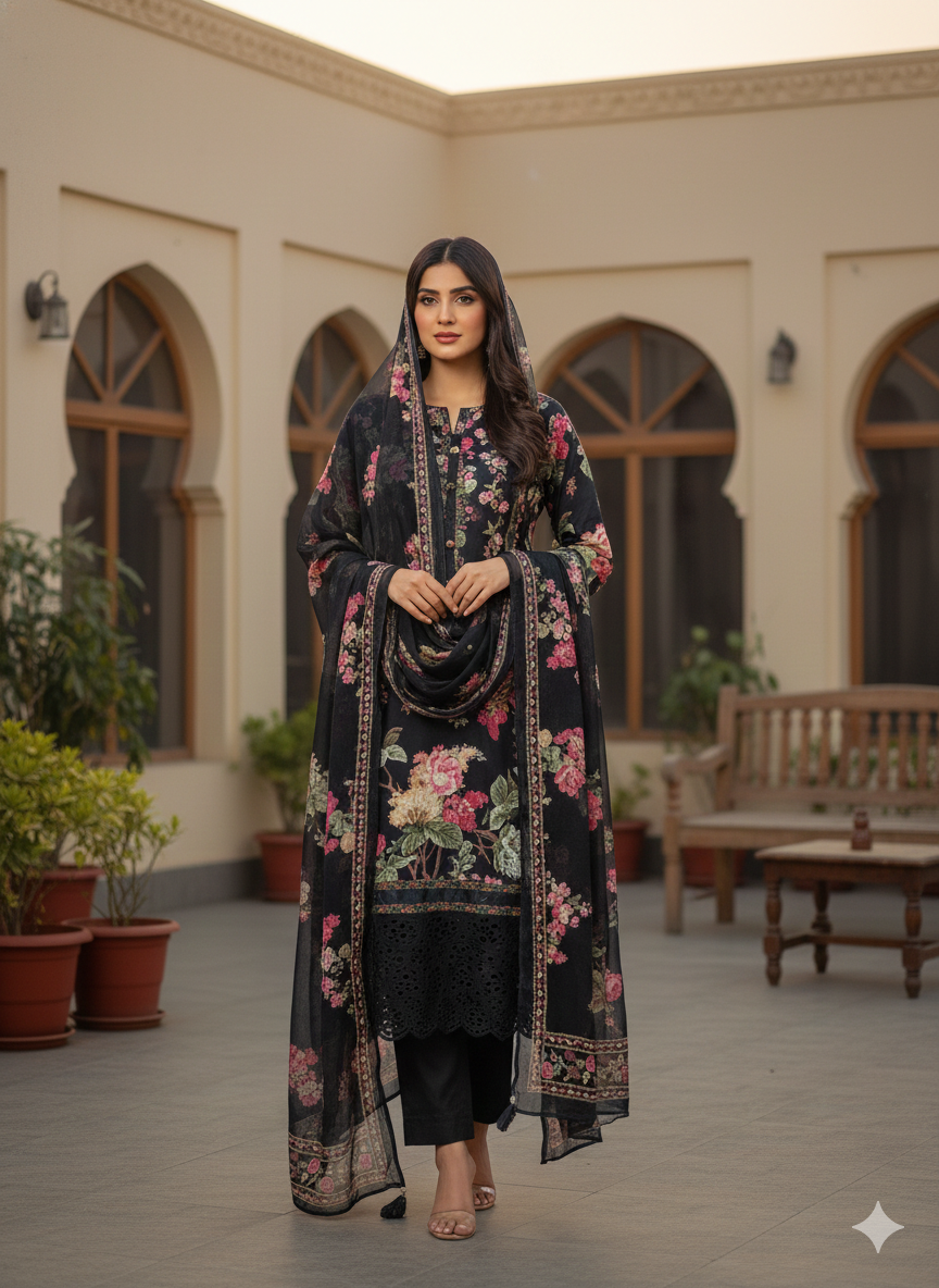 Afreen Black Floral Print Set