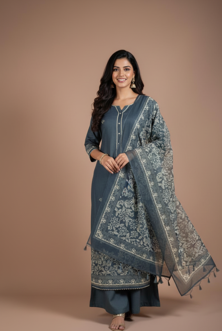 Linen Cotton Navy Blue Unstitched Suit Set