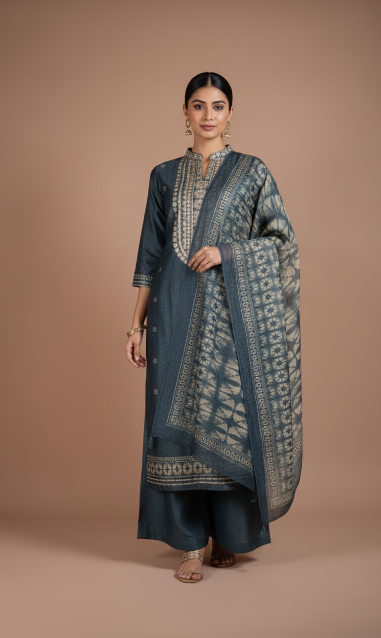 Roze Navy Blue Chanderi Silk Blend Unstitched Suit Set Sterling House