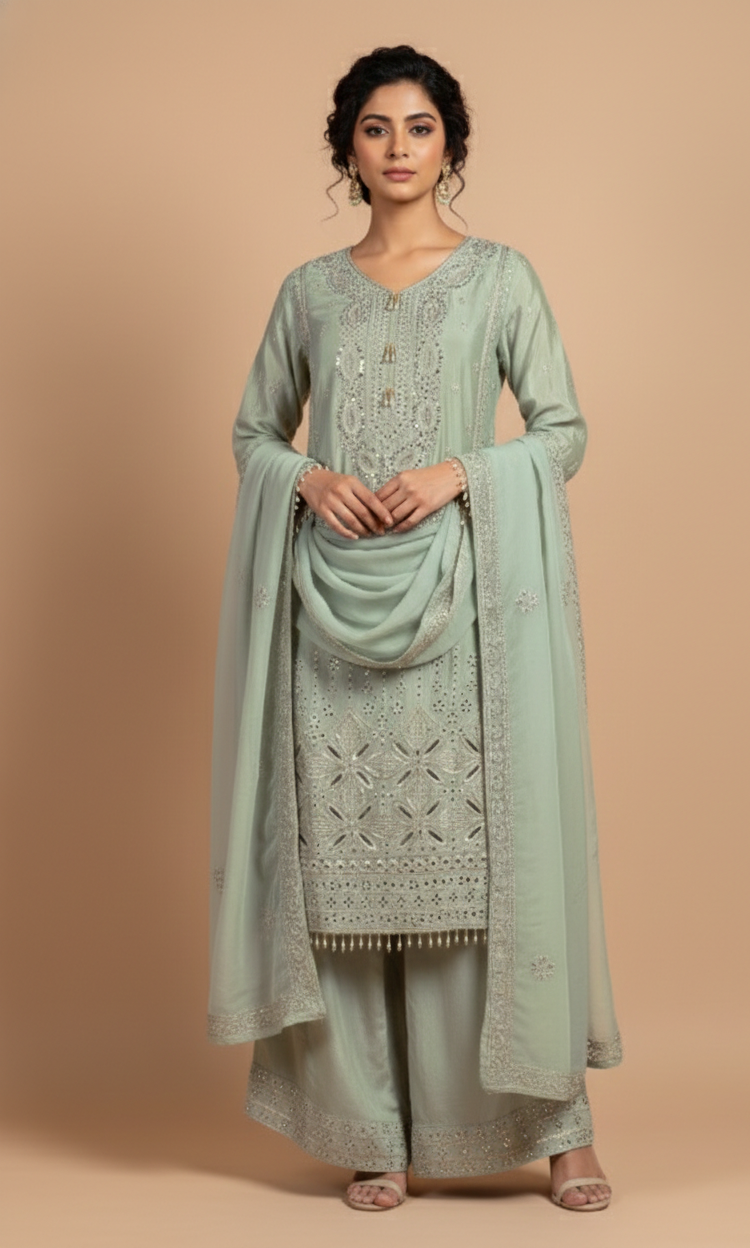 Anokhi Shimmer Silk Pista Green readymade Set Sterling House
