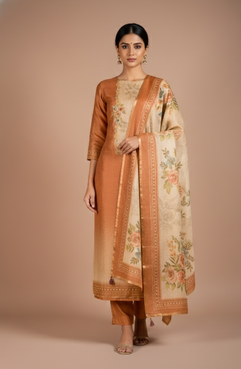 Anokhi Rust Ombre Shimmer Silk Blend Unstitched Suit Set Sterling House