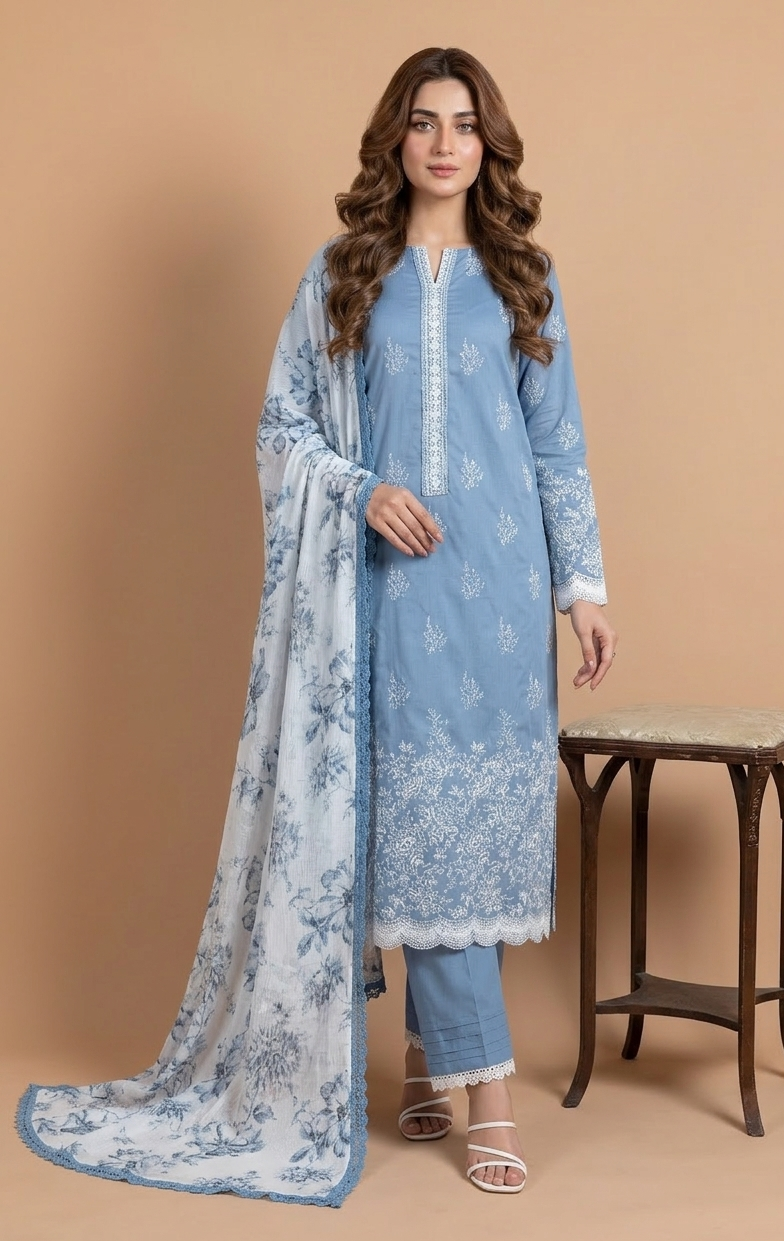 Afreen Soft cotton Powder Blue Unstitched Suit Set
