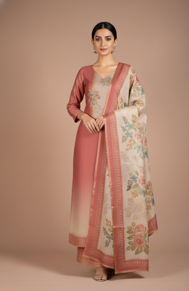 Anokhi Pink Ombre Shimmer Silk Blend Unstitched Suit Set