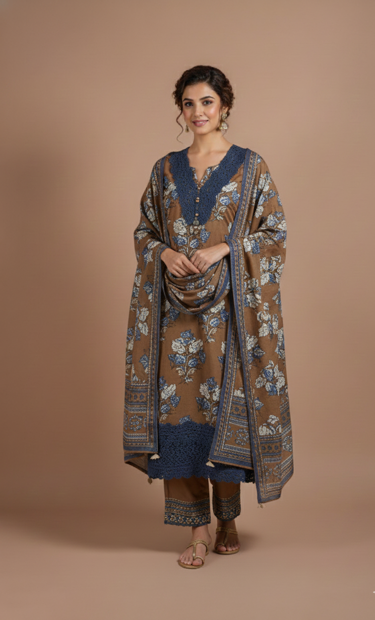 Roze Brown Floral Print Unstitched Suit Set