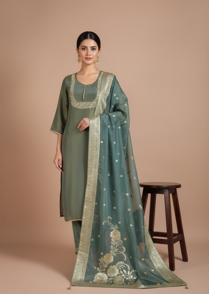Afreen Ivory green Soft Shimmer Silk Suit Set