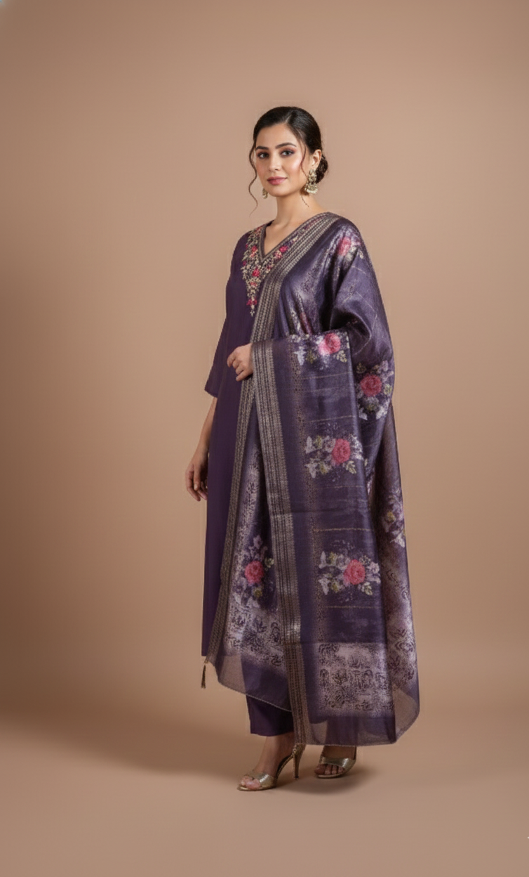 Roze Muslin Readymade Purple Set Sterling House