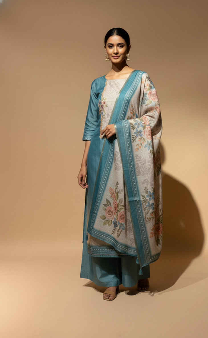Anokhi Blue Ombre Shimmer Silk Blend Unstitched Suit Set Sterling House