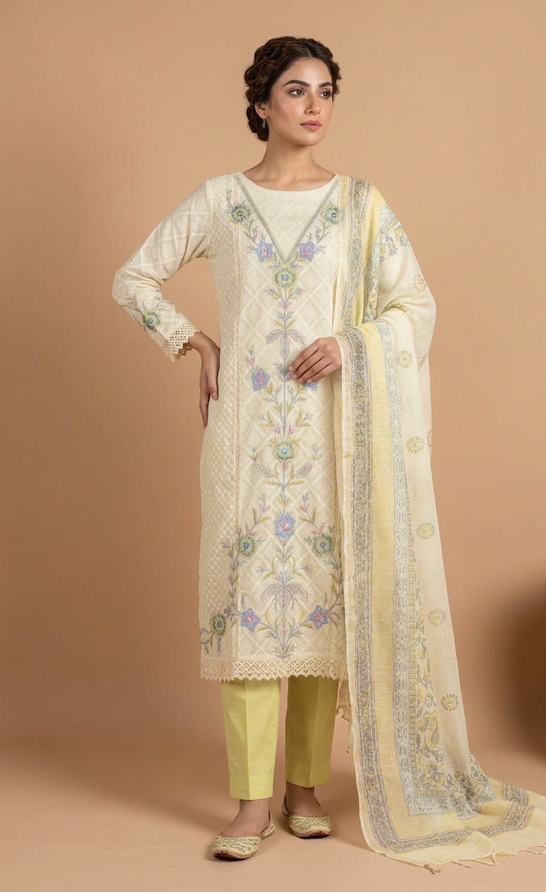 Luxe Jacuard Silk White With Neon Green Unstitched Suit Set Sterling House