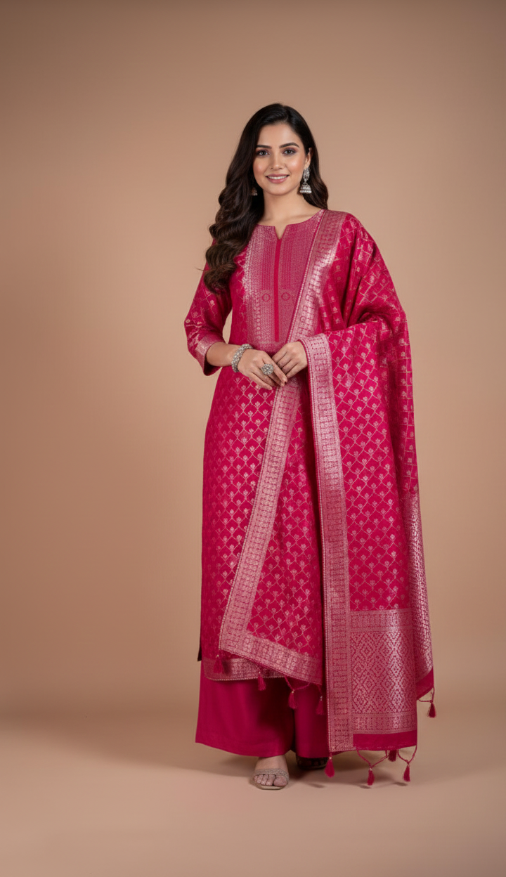 Luxe Rani Pink Banarasi Silk Blend Suit set