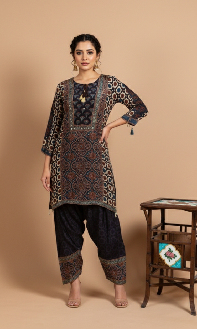 Afreen Black Crepe Ajrakh Readymade Set Sterling House