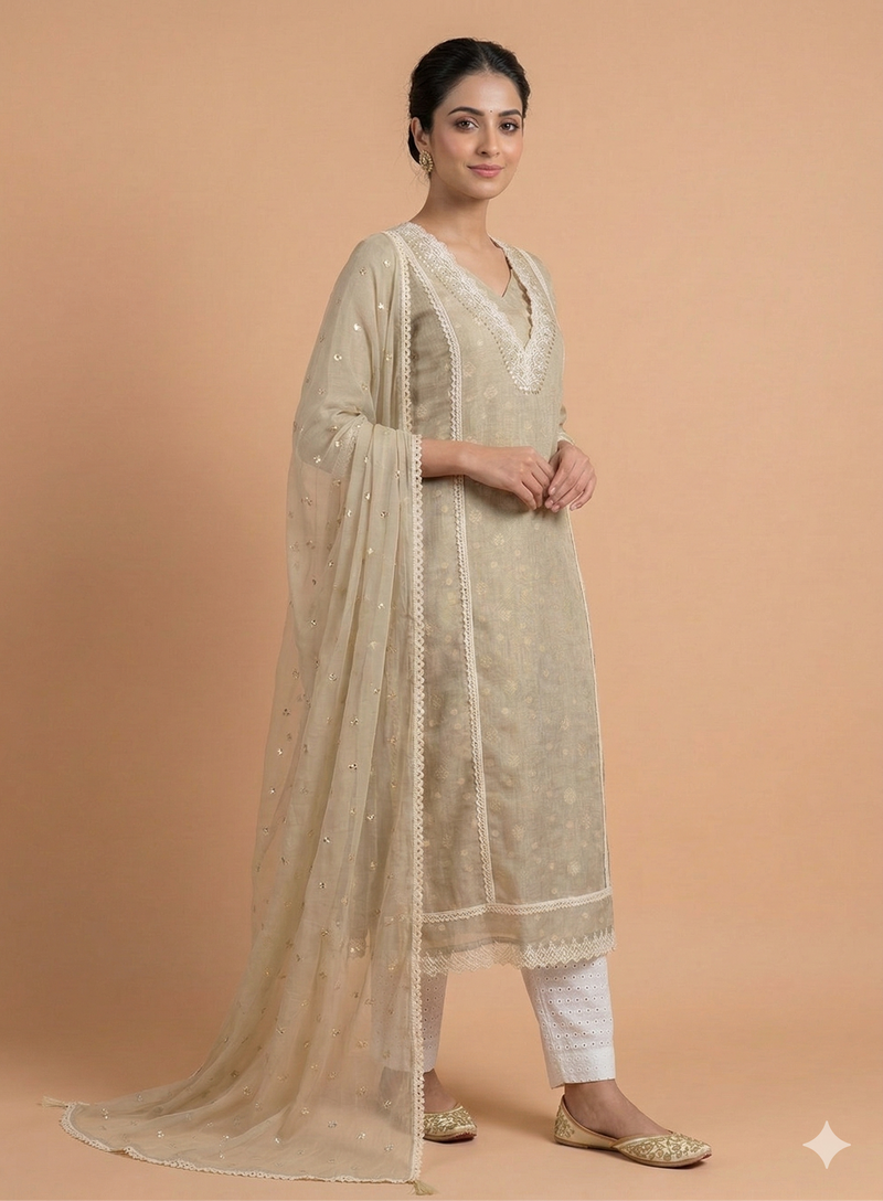 Luxe Linen Silk Beige Unstitched suit set Sterling House