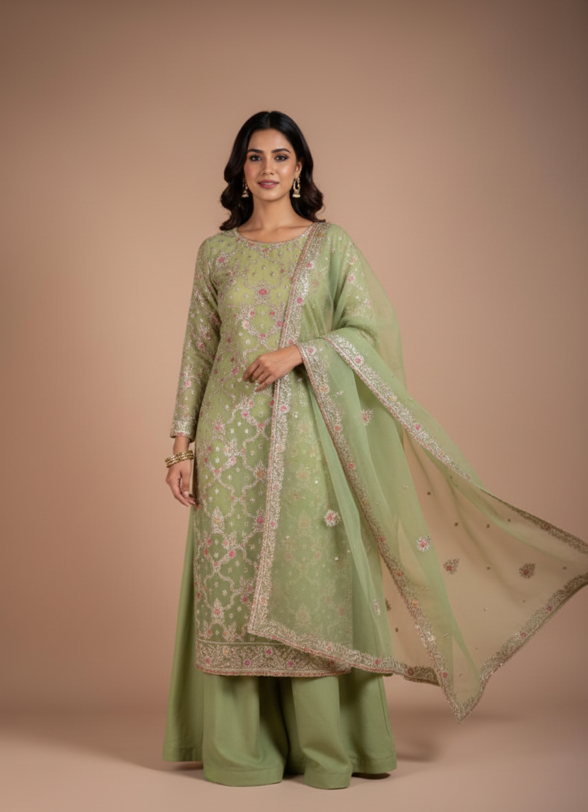 Luxe Green Crush Shimmer Organza Unstitched Suit Set
