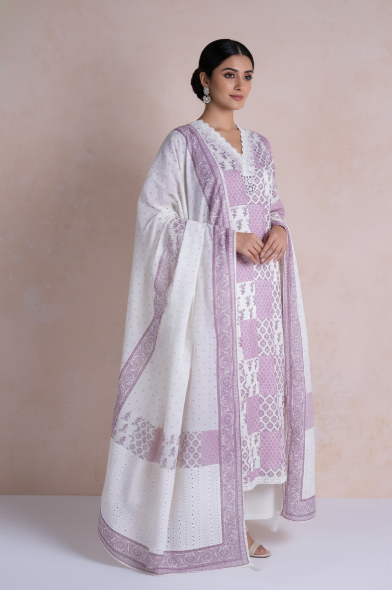Afreen White with Mauve Soft Cotton Suit Set
